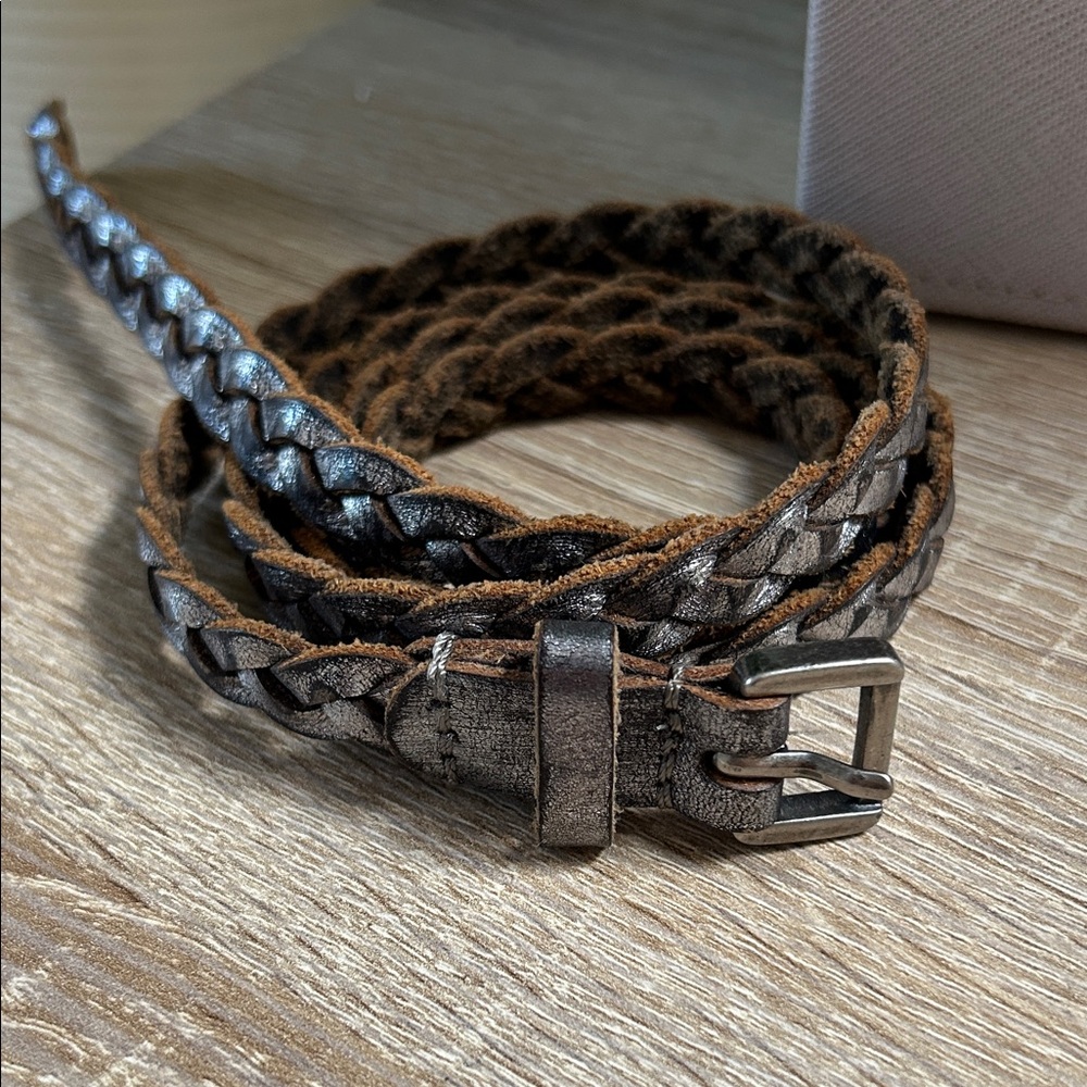 BDG Distressed Silver Braided Belt Leather Metallic Brushed